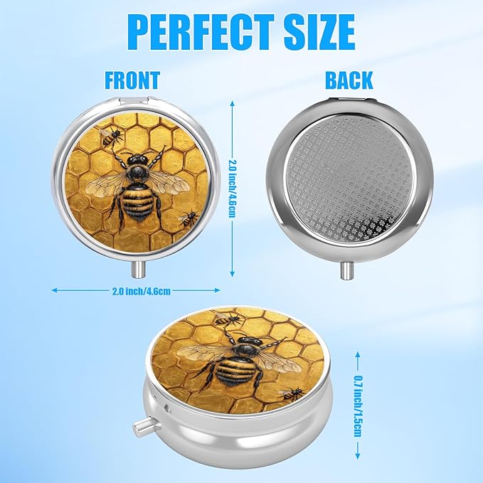 Pill Box, 3 Compartments Small Pill Case Travel Portable Metal Medicine Box with Mirror Mini Container for Purse Pocket Women Men（Cute Bee）