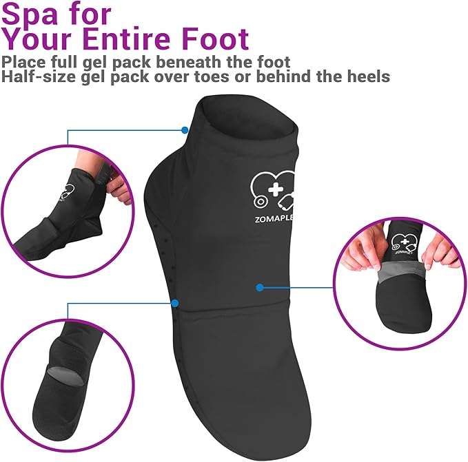 ZOMAPLE Cold Therapy Socks + Gel Packs, Black, Medium – Soothe Burning Feet & Reduce Swelling – Hot or Cold Use, Touch Fasteners & Comes with 2 Large & 2 Small Gel Packs – Versatile Foot Ice Pack Wrap