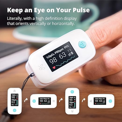 Greater Goods Finger Pulse Oximeter, Blood Oxygen Meter, Measures SpO2, Heart Rate, and PI, Includes Batteries & Lanyard