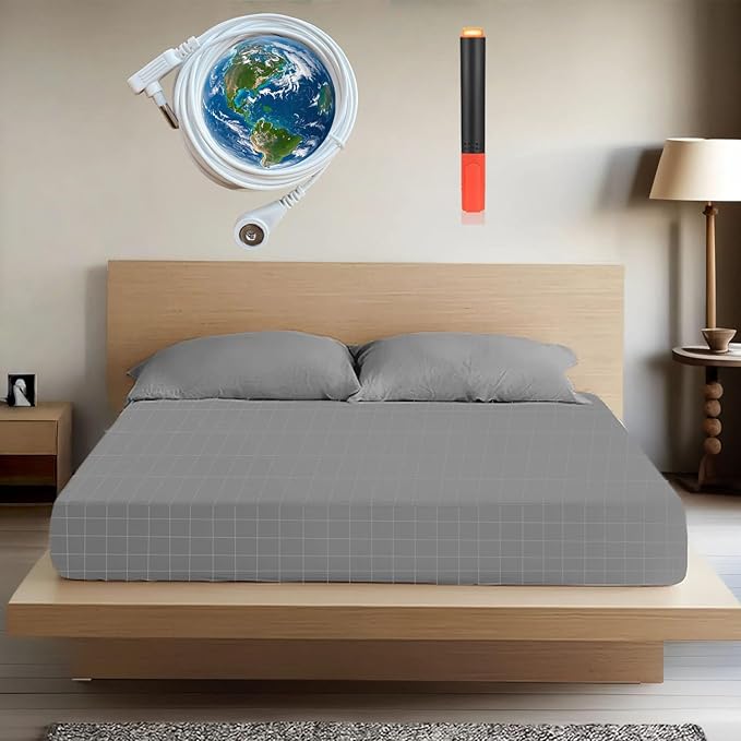 Grounding Sheets, 20% Pure Silver Fiber + 80% Organic Cotton, Grounded Sheet Earth Connected Bedding Fitted Earth Sheets with Grounding Cord