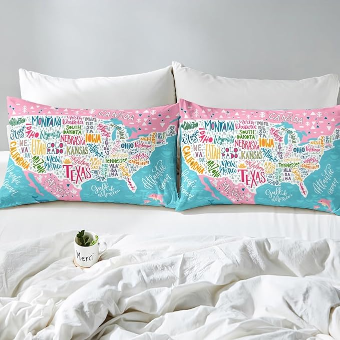 Blue Pink USA Map Fitted Sheet Full, Geography Bed Sheet Set for Kids Boys Girls Teens Educational Map Bedding Set Learning Educational Bed Cover Lightweight