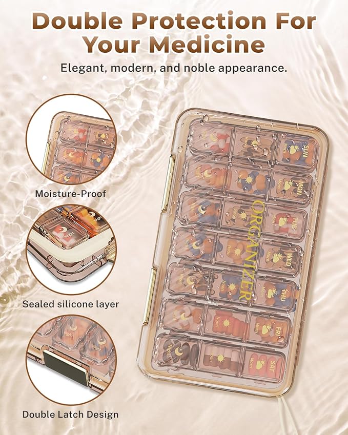 Weekly Pill Organizer 3x a Day - 7 Day Pill Box with 21 Compartments (Morning/Noon/Night), BPA-Free Daily Pill Case, Portable Medicine Organizer for Vitamins, Supplements & Medication【Upgrade】 (Brown)