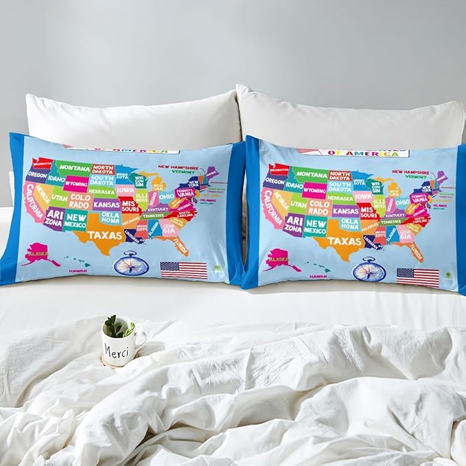Feelyou Full Size Bed Sheet Set 3Pcs, Educational Map Fitted Sheet for Kids, World Geography Bedding Set Learning Educational Bed Cover Set