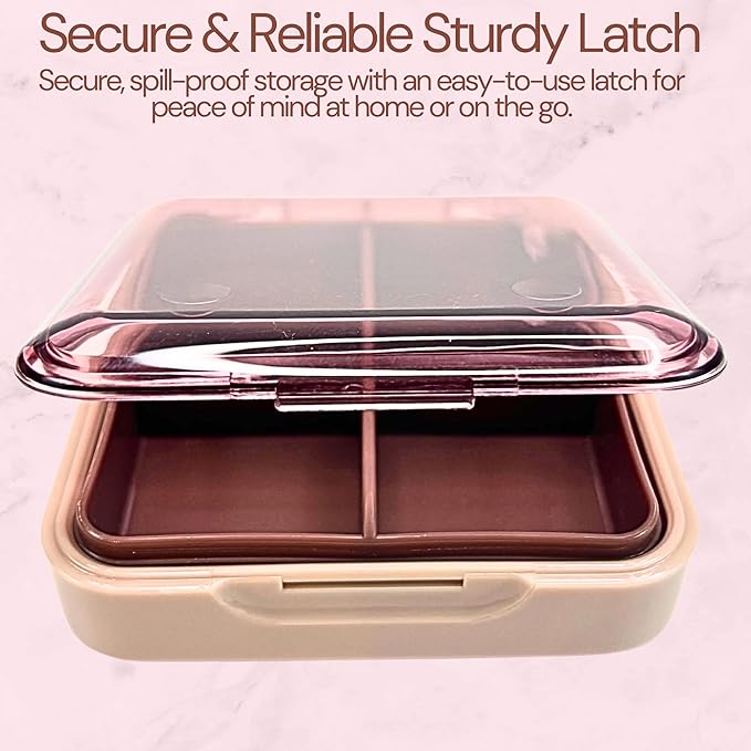 Pink- Small Pill Case with Silicone Pill Pouch, 4 Compartment Pill Organizer, Zipper Pill case, Small Pill Box for Purse, Sturdy Hinge, Multi Purpose, for Vitamins & Supplements, BPA Free