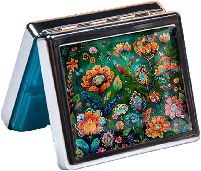 7 Day Travel Pill Organizer with Mirror Shiny Silver Chromed 8 Compartment Pill Box for Vitamins and Medications Compact and Stylish Medicine Case (Abstract Flower)