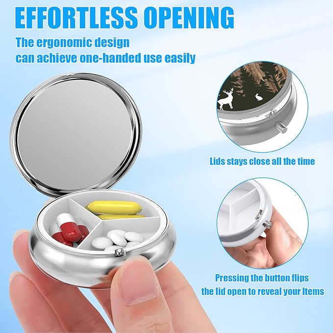 Deer Forest Pill Case, Wooden Grain Pill Box 3 Compartments Metal Small Pill Holder with Mirror Mini Travel Pill Container for Purse Pocket Women Men