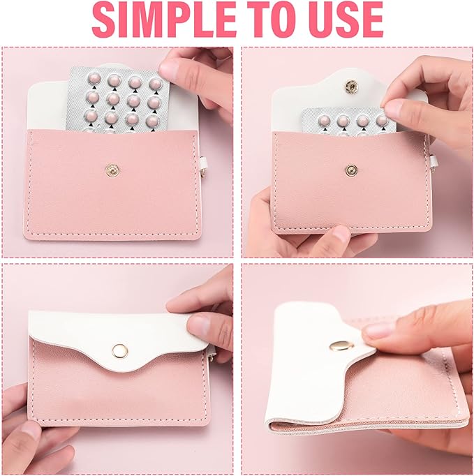 Tondiamo 2 Pack Birth Control Pill Case Holder PU Leather Pill Sleeve Packet 4.33 x 3 Inch Discreet Birth Control Pouch with Snap Closure Key Ring for Pills Card Organizer(Pink, Blue)