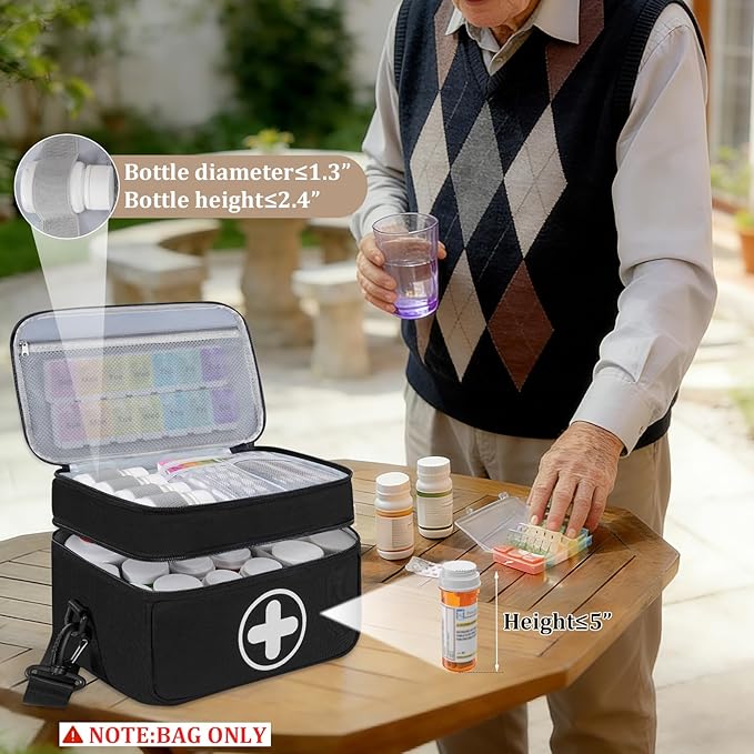 Medicine Organizer Bag, 2 Layer Pill Bottle Organizer Storage Bag Empty, Lockable Medicine Travel Bag with Adjustable Divider, Suitable for Pills, Vitamins, Fish Oil,Medical Supplies