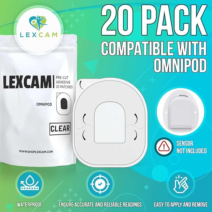 Lexcam Adhesive Patches Compatible with Omnipod 5, New – Pack of 20 – Waterproof, Clear Overpatches for Tubeless Insulin Pump, Stays Secure for 3+ Days, Pod is NOT Included.