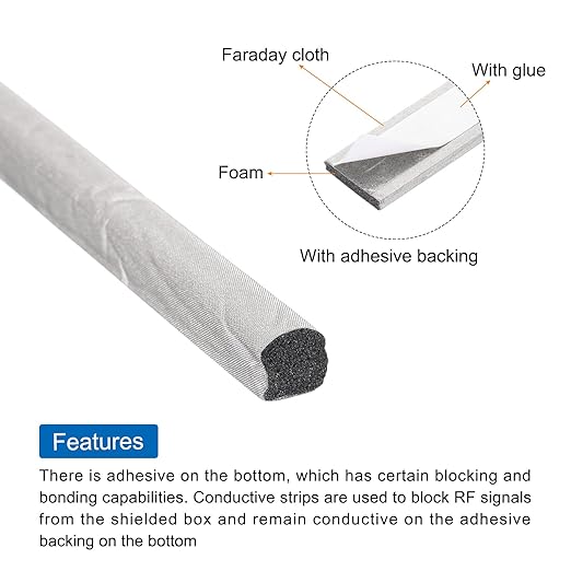MECCANIXITY 1pcs RF Faraday Foam Gasket/Conductive Foam Strip, 39.4"x0.39"x0.39" (1mx10mmx10mm) for Seal RF Enclosures/RF Shield Box, Covered in High-Shielding Fabric with Adhesive Backing