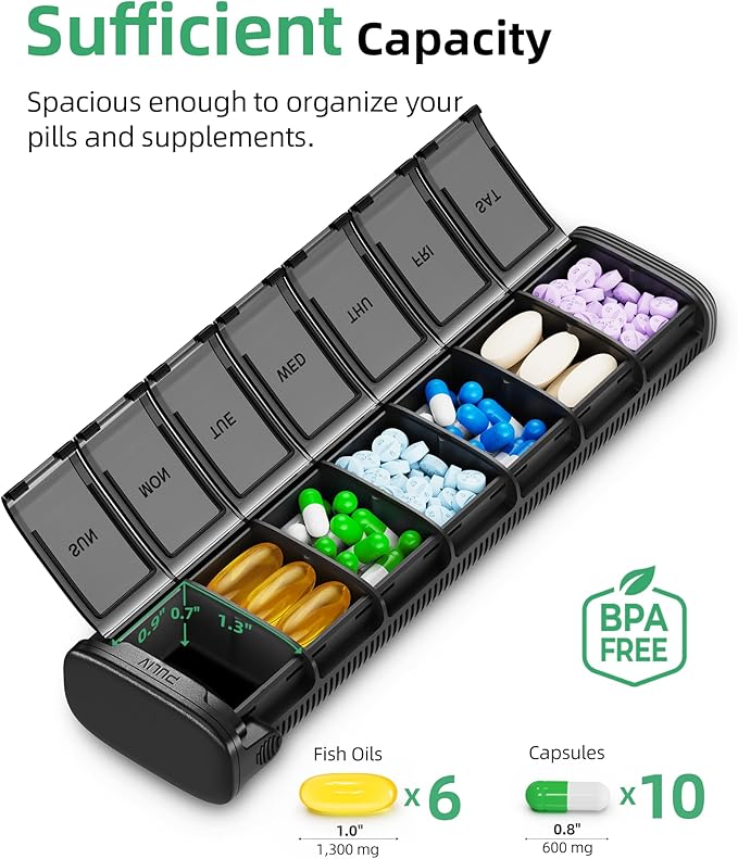 PULIV Metal Weekly Pill Organizer with Sturdy & Sleek Aluminum Alloy Case, Pill Case with Triple Protection Against Spilling, Compact Travel Pill Box 7 Day for Vitamins, Fish Oils, Supplements, Black