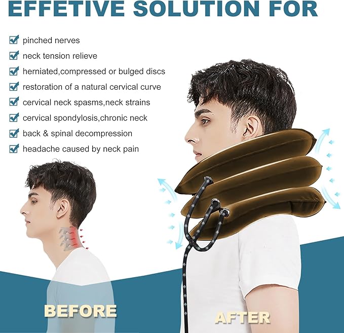 Cervical Neck Traction Device, Neck Stretcher, Neck Traction Device for Neck Pain Relief, Cervical Neck Traction Device, Inflatable Neck Brace & Neck Decompression(Khaki Brown)