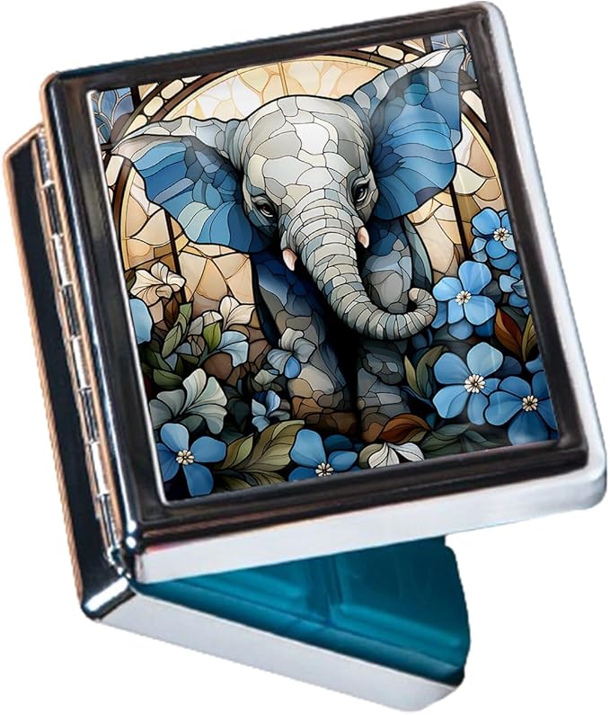 Cute Travel Pill Box Organizer with 8 Compartments - Compact and Fashionable Pill Case with Mirror - Ideal for Medications (Elephant Stained Glass)