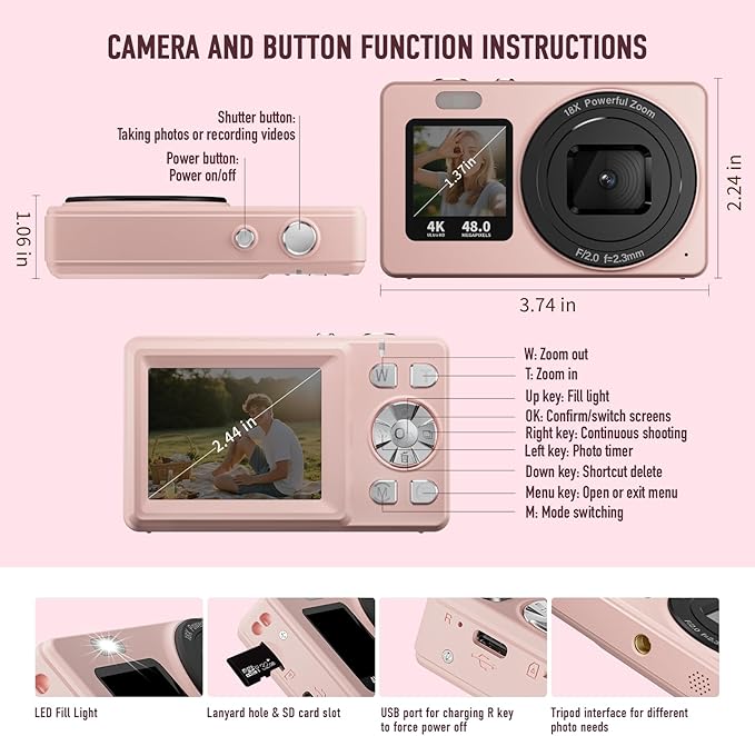 Digital Camera, 4K 48MP Autofocus Dual Screen for Selfies, 18X Zoom Fill Light, Portable Point and Shoot Travel Camera with 32GB SD Card for Kids, Teens, Girls, Boys- Pink