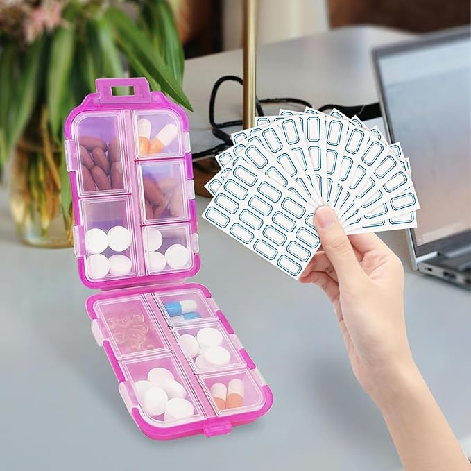 INVODA 12PCS 10-Compartment Pill Organizer BPA-Free Travel Pill Case with Daily Labels Portable Medicine Box for Vitamins, Supplements & Jewelry