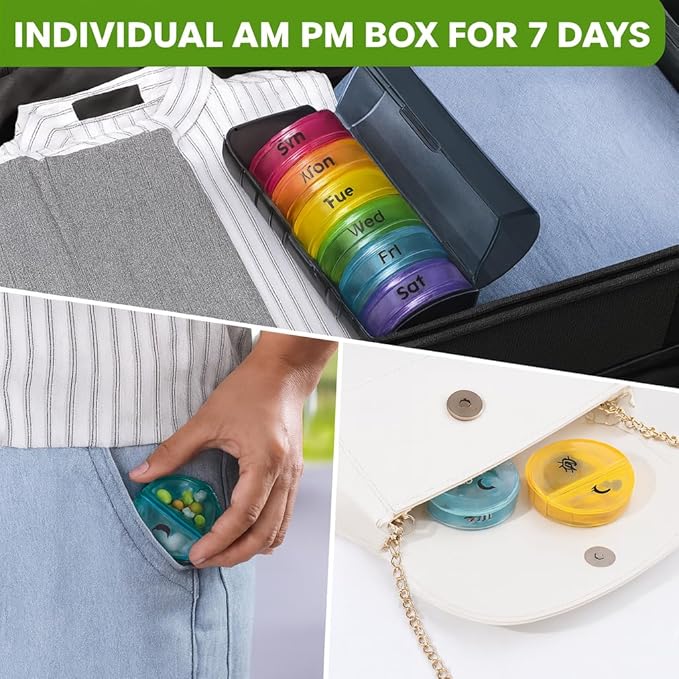 VIGOR PATH 7-Day Pill Organizer with Two Compartments Per Day, Ideal for Pills/Vitamins/Fish Oil/Supplements Storage, BPA-Free and Easy to Clean (Black - Colorful)