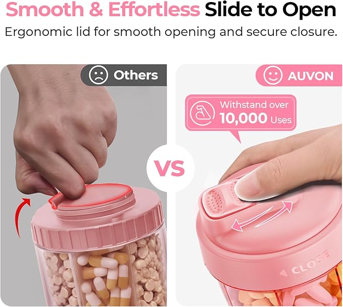 AUVON Portable Pill Dispenser to Store 7 Various Supplements, Travel Pill Organizer Bottle with Anti-Mixing Design, Arthritis-Friendly Pill Container with Wide Opening & Slider Lid, 20 Blank Stickers