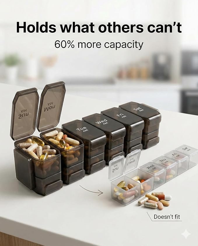 Extra Large Pill Organizer 2 Times a Day – XL Pill Box 7 Day with Big AM/PM Compartments – Fits Large Vitamins, Supplements & Gummies, for 7 or 14-Day Use, Color-Coded, Senior-Friendly, No Spills