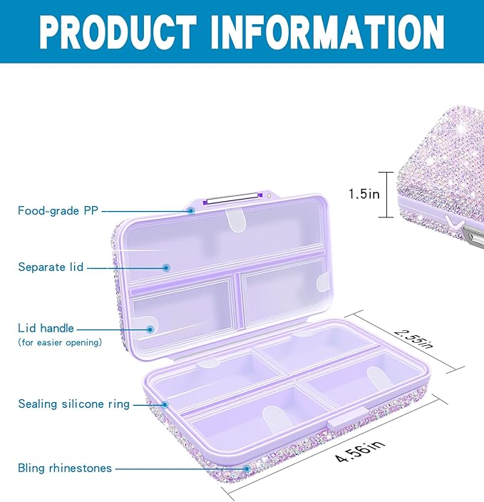 Yivaiks Bling Travel Pill Organizer Crystal Rhinestone 8 Compartments Portable Pill Case Daily Pill Box to Hold Vitamins Small Pill Container for Pocket Purse Medicine Organizer(Purple)