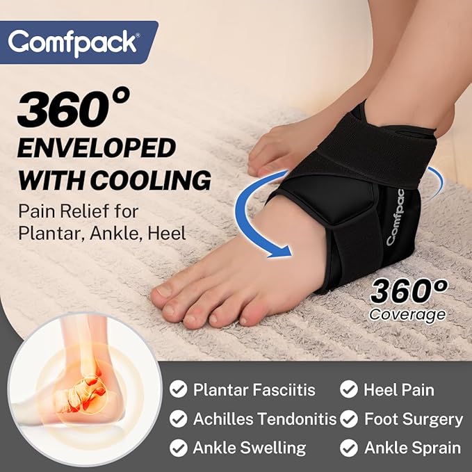 Ankle Ice Pack Wrap for Swelling, FSA Eligible, Heel Ice Pack for Pain Relief, Hot Cold Therapy Cold Pack for Plantar Fasciitis, Achilles Tendonitis, Ankle Sprain, Foot Pain, Black