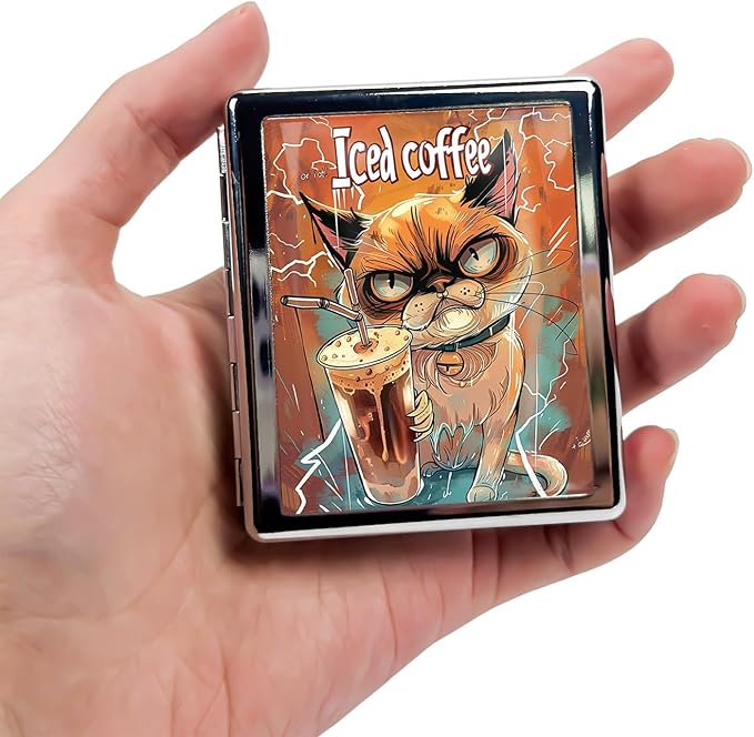 Metal Pill Organizer Box with Mirror – 8 Compartment Chrome Pill Case, Pocket-Size Travel Pill Container for Vitamins, Seniors, Daily Use (Grumpy Cat Iced Coffee)