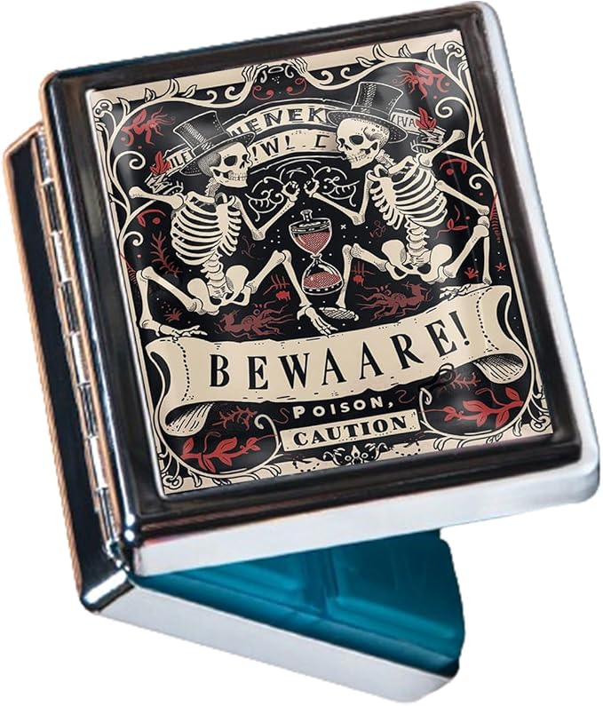 Metal Pill Organizer Box with Mirror – 8 Compartment Chrome Pill Case, Pocket-Size Travel Pill Container for Vitamins, Seniors, Daily Use (Beware Poison Skeletons)