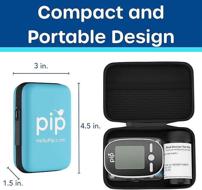 Pip Blood Glucose Monitor Kit with Preloaded Safety Lancets - Complete Diabetes Testing Kit for Blood Sugar Monitoring | No Lancing Device, Virtually Painless | 50 Test Strips, Lancets & Travel Case