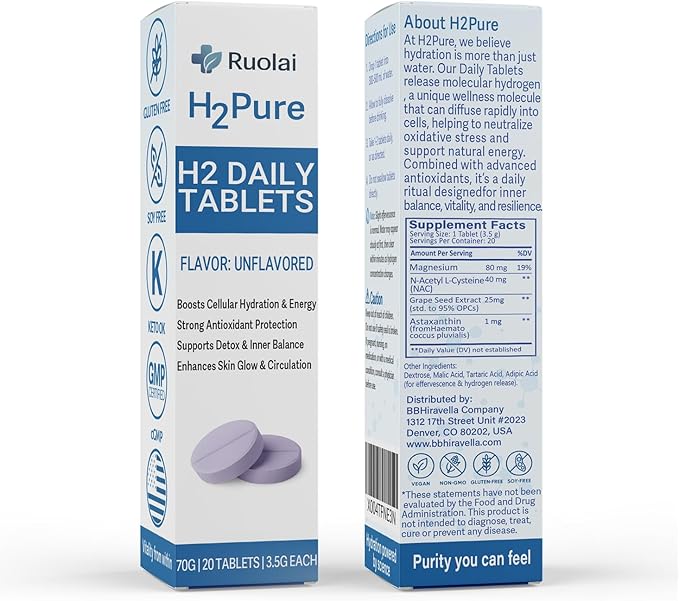 Ruolai H2pure Hydrogen Tablets – H2 Tabs – Fast-Dissolving Hydrogen Supplement for Cellular Hydration, Detox, Liver & Mental Clarity – Caffeine-Free, Vegan (Raspberry)
