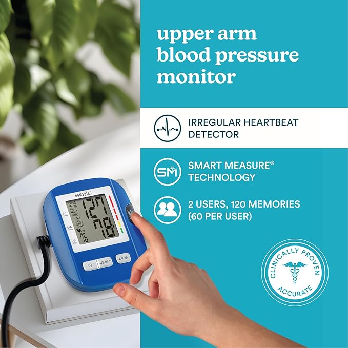 HoMedics Upper Arm Blood Pressure Monitor, Automatic BP Monitor with Easy One-Touch Operation, Stores up to 120 Readings (60 Per User), Standard Sized Blood Pressure Cuff and Storage Bag Included