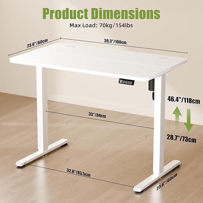 ERGOMAKER Electric Standing Desk, 39.4" x 23.6" Height Adjustable Sit Stand Desk with Splice Board for Home Office, Computer Desk Memory Preset (White Frame, White Desktop)