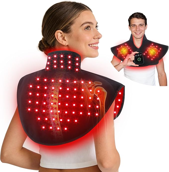 Cordless Red Light Therapy for Neck & Shoulders Pain Relief, 5000mAh 850nm Infra Device for Upper Back Muscle Relax with Timer, Rechargeable 660nm Wearable Heating Pad, for Women Men