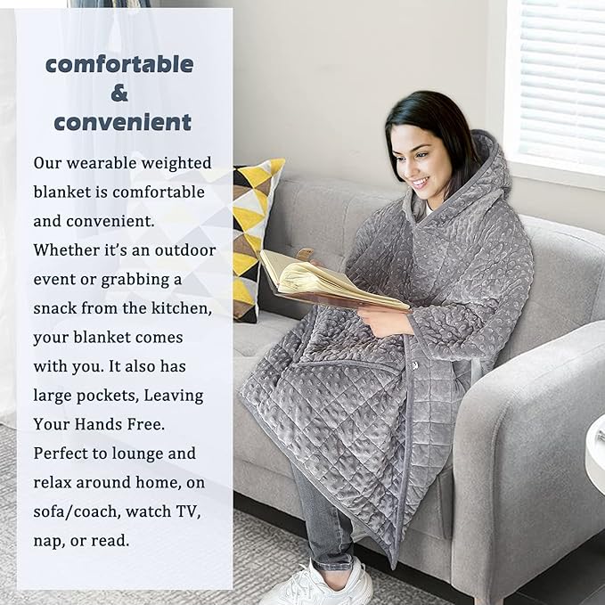 Weighted Blanket, Wearable Heavy Blanket 10lbs(57.4''x47.2'') Grey for Adult, Soft Material with Premium Glass Beads for Better Sleep
