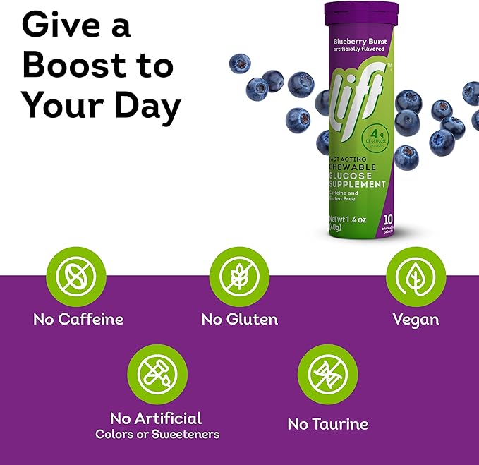 Lift Glucose Fast-Acting Glucose Chewable Energy Tablets, Blueberry, 10 ct Tube (Pack of 12)