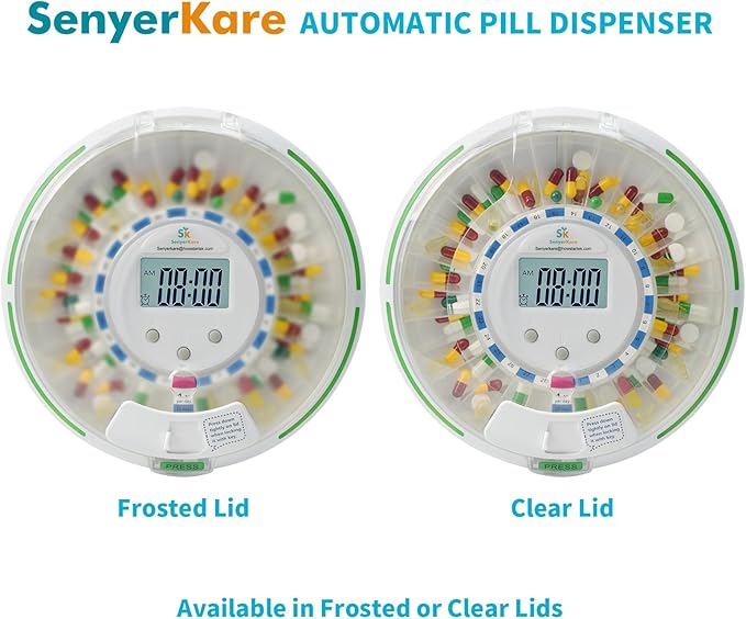 Automatic Pill Dispenser with Safety Lock, Flashing Light, Sound, Alarm, 28-Day Electronic Medication Dispenser for Vitamins and Tablets Up 6 Times/Day, Easy Read Display, Clear Lid