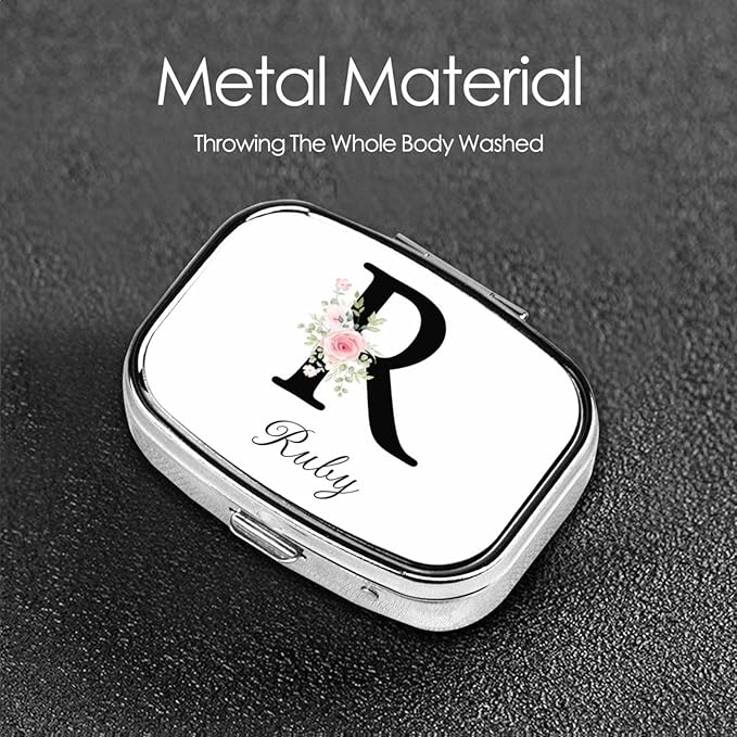 Custom Pill Box Personalized Square Small Pill Case with Mirror Add Your Photo Text Logo Name Decorative 2 Compartment Portable Metal Medicine Container Vitamin Organizer for Pocket Purse Travel (R)