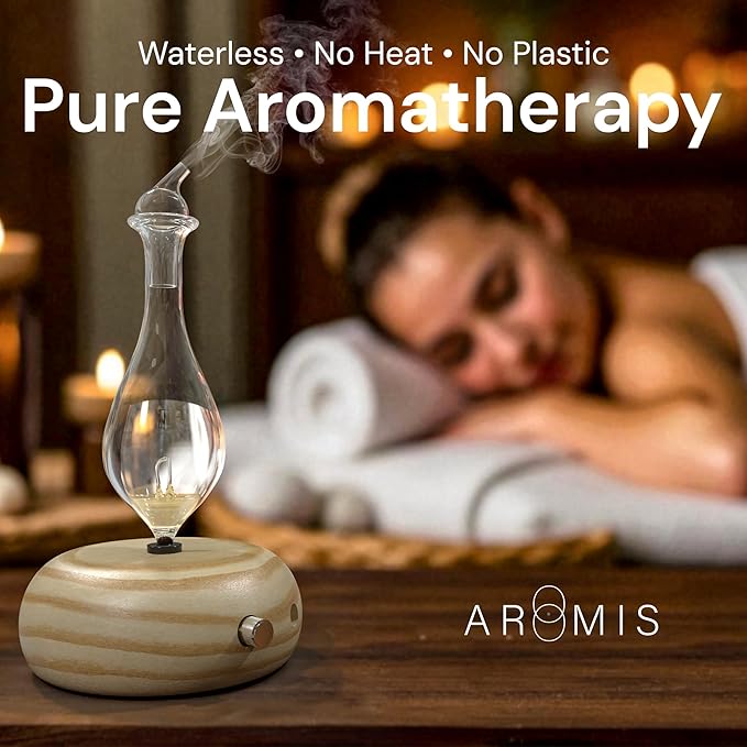 ArOmis Premium Glass Essential Oils Nebulizer - Waterless Diffuser for Aromatherapy - Handmade Oil Diffuser, Wooden Base, No Plastic, No Heat, No Battery, No LEDs - Orbis Lux Merus
