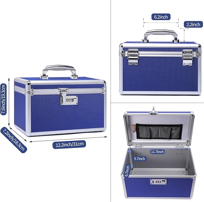 Lockable Medication Box with Portable Storage Case, 12.2''x 7.2''x 7.6'', Childproof Medicine Organizer with Combination Lock, Locking Box for Money, Documents & Meds (Blue/Medium)