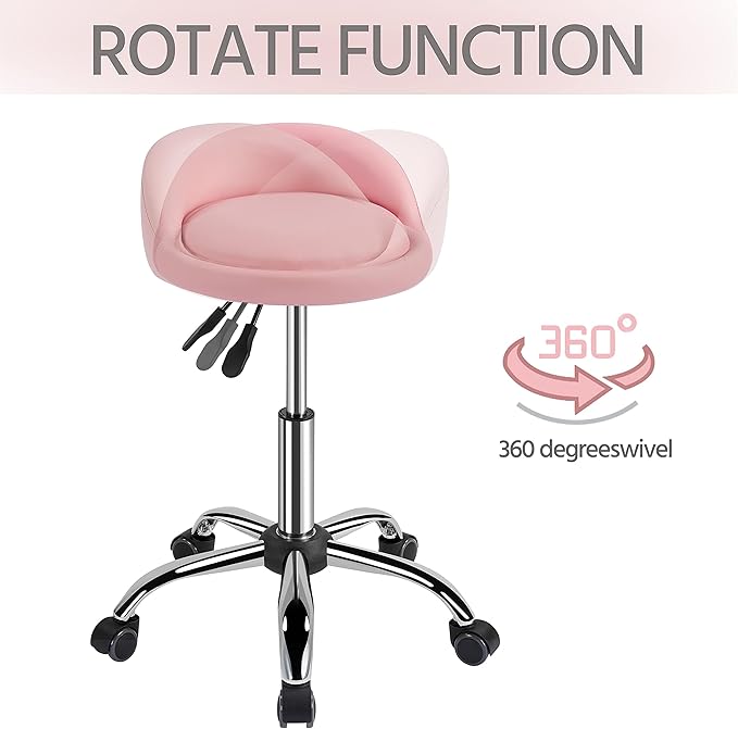 Yaheetech Height Adjustable Rolling Swivel Salon Stool Chair with Backrest Wheels for Tattoo Massage Facial Spa Manicure Dentist Clinic,Pink