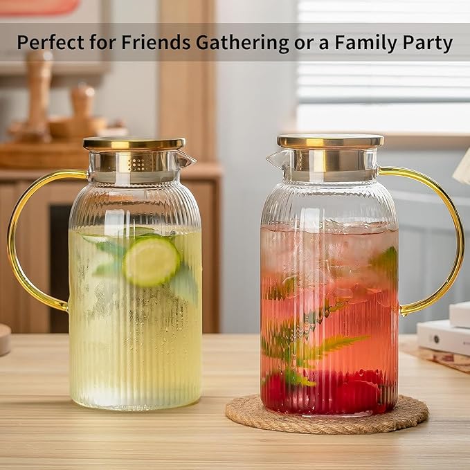 Glass Pitcher with Lid, 68 oz/2 Liter Classic Vertical Stripes Water Pitcher,Glass Water Carafe for Cold Brew, Coffee, Lemonade, Iced Sun Tea,Beverage,Milk, Heat Resistant