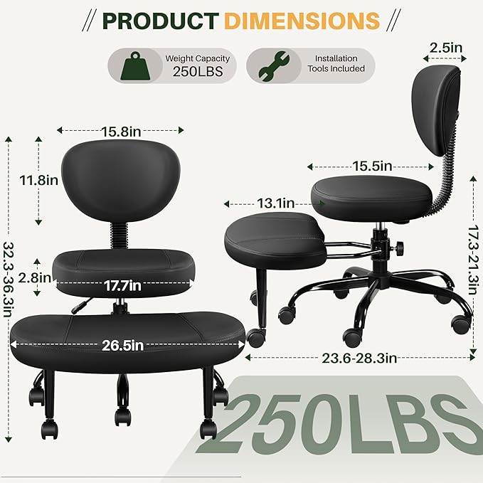 Primy Criss Cross Office Chair - ADHD Cross Legged Chair with Wheels - Adjustable Height Ergonomic Kneeling Desk Chairs for Meditation Yoga Home Office with Backrest, 360°Rotating Footrest - Black