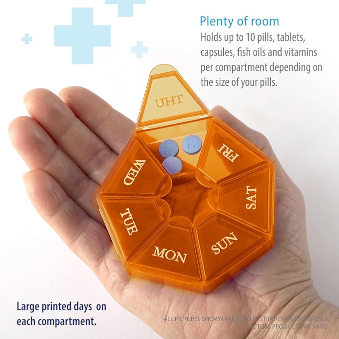 Deke Home - Small Weekly Pill Organizer (2 Pack), Round Pill Dispenser for Travel, Mini Pill Organizer, Compact Medicine Holder, Pill Sorters 7 Days, Portable Vitamin Container, BPA Free (Food Grade)