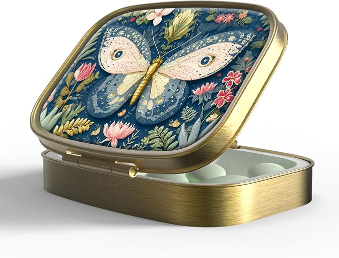 Small Pill Box Pill Case with Mirror Retro Pocket 2 Compartment Pill Holder for Purse or Pocket Bronze Portable Medicine Vitamin Container Fish Oil and Supplement Storage BPA-Free