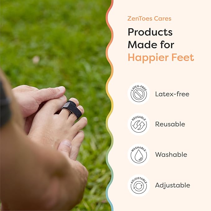 ZenToes Hammer Toe Corrector for Women & Men - Reusable Fabric Buddy Wraps for Broken Toes - Cushioned Toe Splint for Protection & Recovery & Hammertoe Straightener - 4 Count (OSFM, Black)