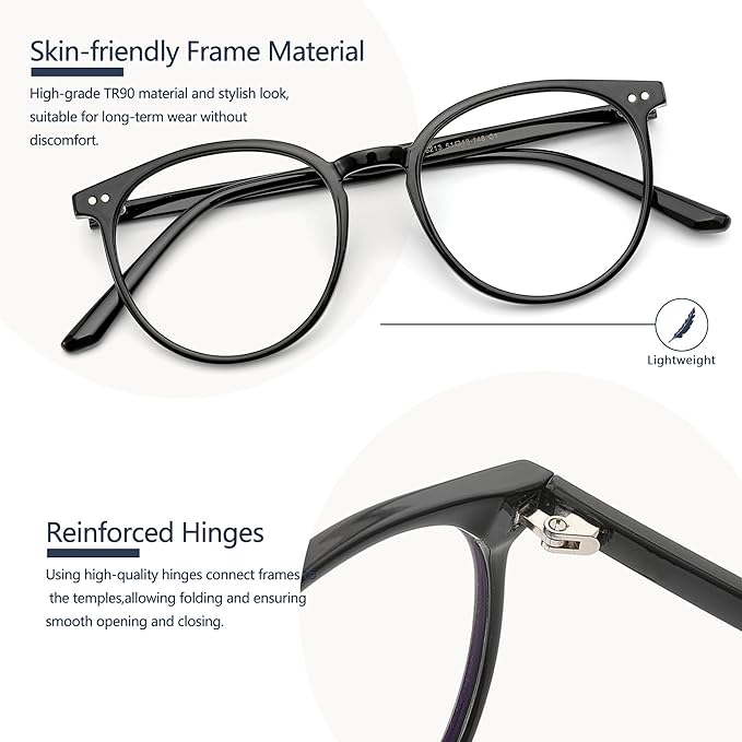 Blue Light Blocking Glasses for Women and Men, Round Frame Computer Gaming Anti Eyestrain & UV Glare RF6213 (Black)
