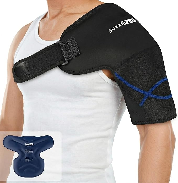 SUZZIPAD Adjustable Shoulder Wrap with Detachable Gel Ice Packs - Reusable Cold Compress to Regulate Soreness & Aid Muscle Recovery Post-Workout，Large