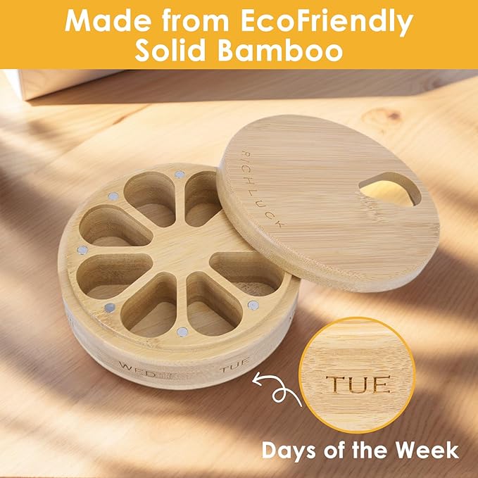 Wood Pill Organizer, Wood Medicine Organizer, Travel Pill Organizers, Bamboo Pill Organizer Used to Store Pills, Pill Box Day Improved Design with Days of The Week