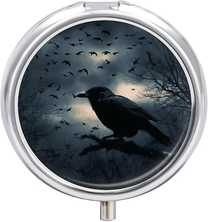 Night Crow Pill Box Travel Pill Case for Purse Pocket Weekly Medicine Organizer with Mirror 3 Compartment Round Medicine Case Portable PillcaseHolder for Daily