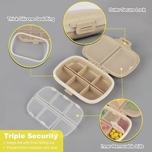 Travel Pill Organizer 8 Compartments Portable Pill Box Pill Case Small Daily Weekly Pill Organizer Container Medicine Container for Pocket (Khaki)