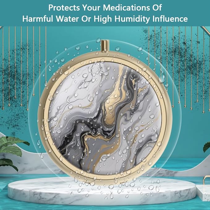 Pill Case Pill Box with Mirror Retro 3 Compartment Small Pill Case for Purse or Pocket Bronze Small Roud Pill Box or Vitamins, Fish Oil, Supplements, Pill Containe Travel Gifts（Black Gold Marble）