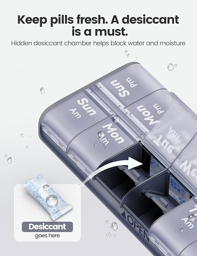 AM PM Pill Organizer 7 Day, 2 Times a Day Weekly Pill Box with Moisture-Proof Desiccant, Compact Easy-Open Medicine Case for Vitamins, Supplement